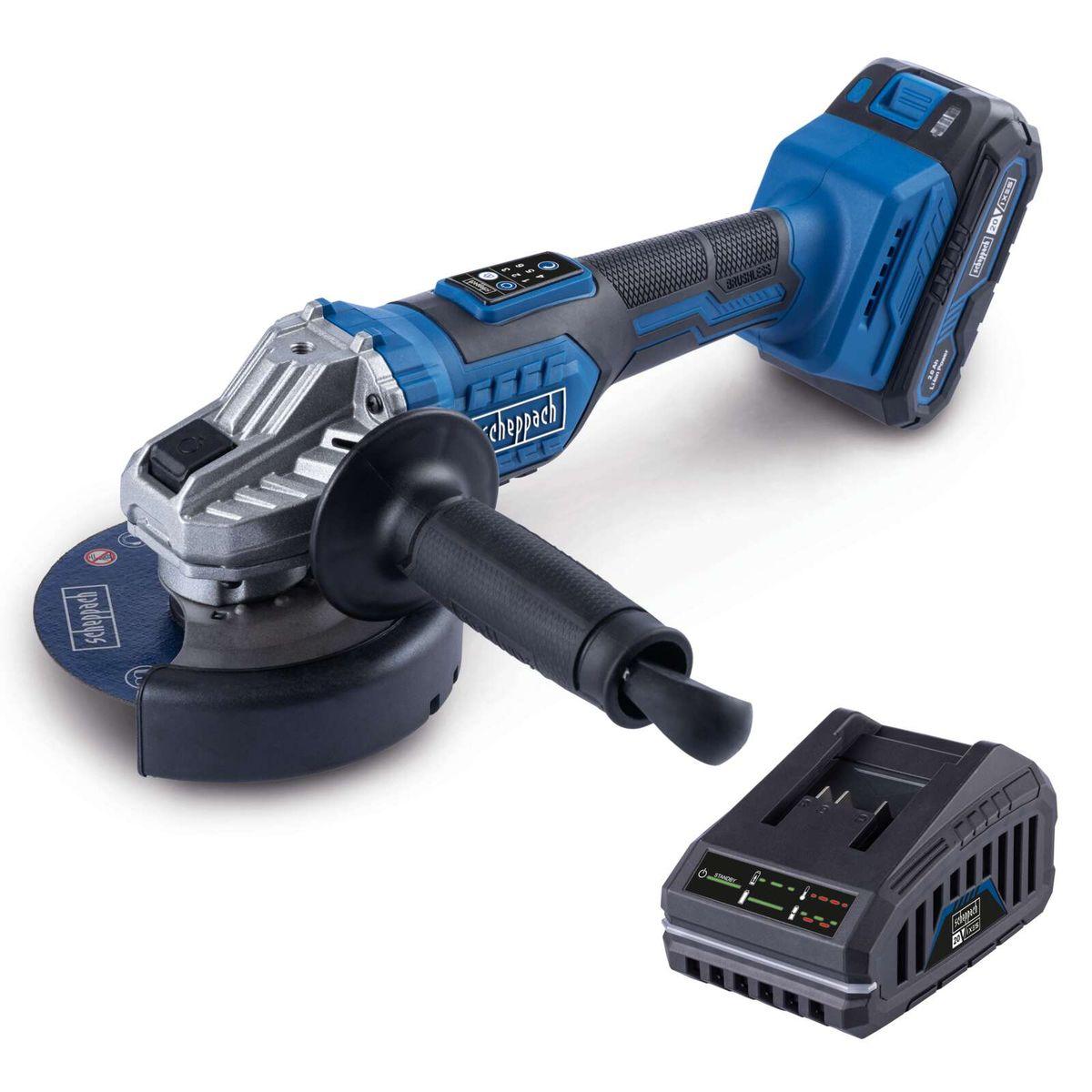 Esmeril Angular Inalámbrico 5" Brushless 20V Scheppach - Batería y Cargador Incluidos — Outlet — vista frontal