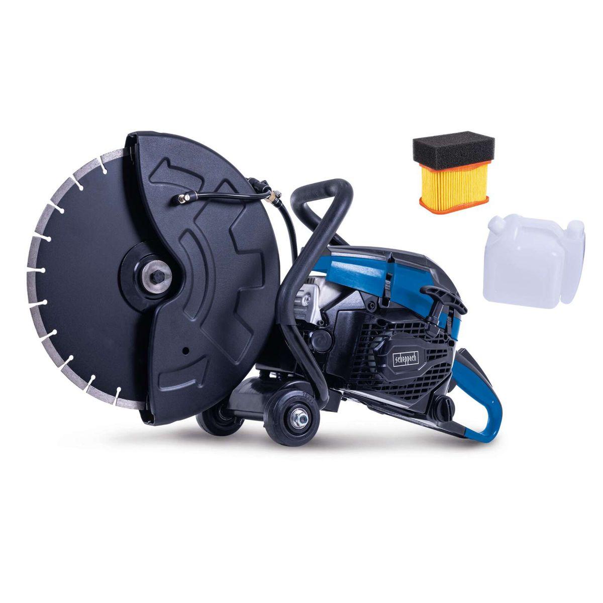 Cortadora de Hormigón a Gasolina PTS400 Scheppach - 3,95HP | Disco Diamantado 350mm | Profundidad de Corte 120mm | Motor 2 Tiempos | Incluye Filtro de Aire de Repuesto — vista frontal