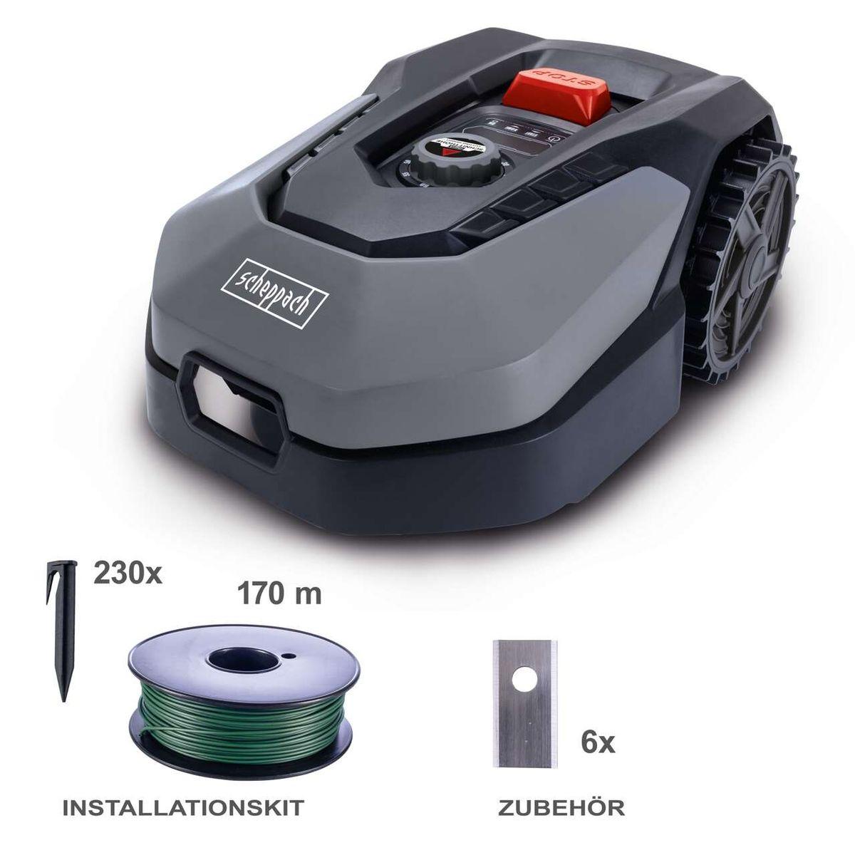 Robot Corta Pasto Cortacésped Scheppach 900m² - WiFi, Altura Regulable — vista lateral