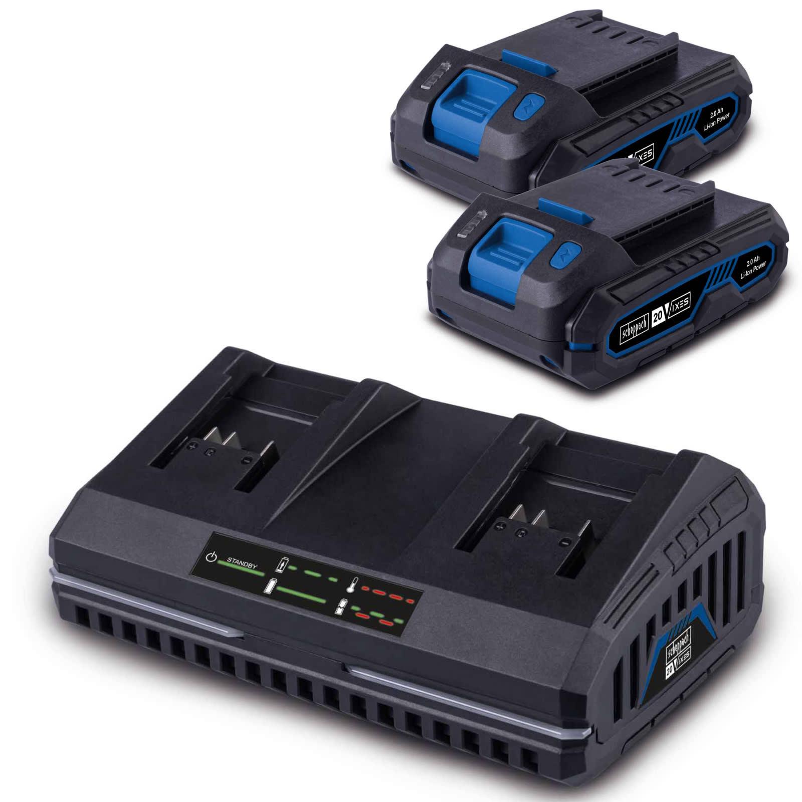 Kit Cargador Doble + 2 Baterías 2.0Ah 20V Scheppach